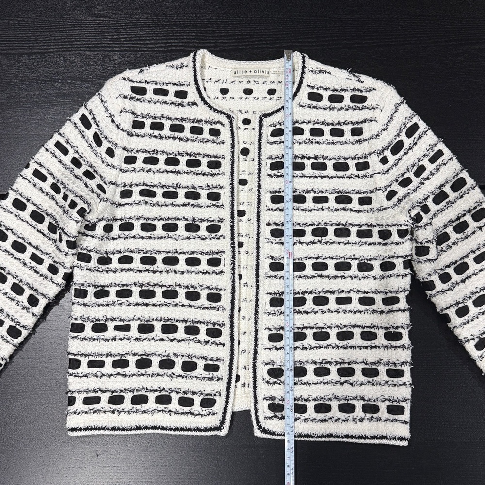 Alice + Olivia Marjorie Tweed Ribbon Woven Open Front Cardigan - Size Small - Picture 10 of 12